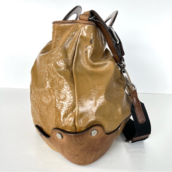 MARNI Balloon Dark Mustard Patented Leather w Brown Leather Top Handle Satchel - Picture 3 of 16